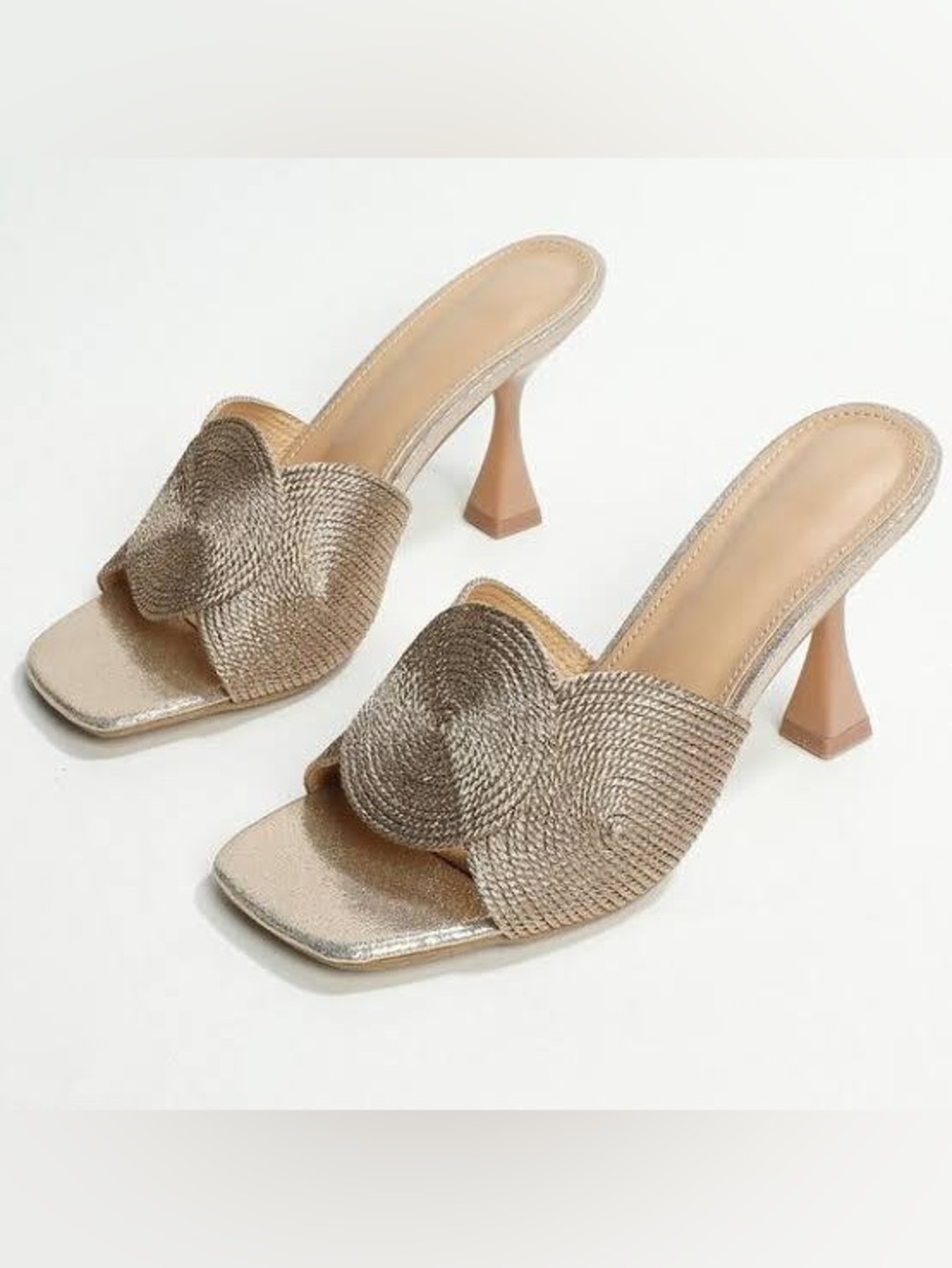 Textured Gold Heeled Slide Sandals Sz 8.5